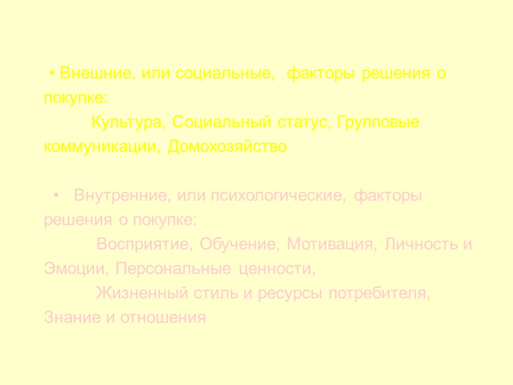 6 • Внешние, или социальные, факторы решения о покупке: Культура, Социальный статус, Групповые коммуникации,